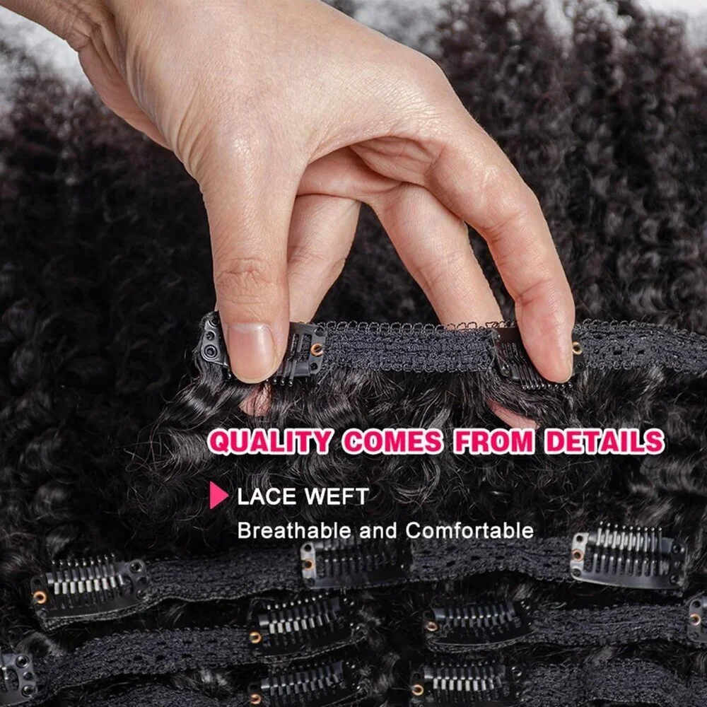 Kinky Curly Clip In Extensions Human Hair 14 Inch Natural Black 7Pcs